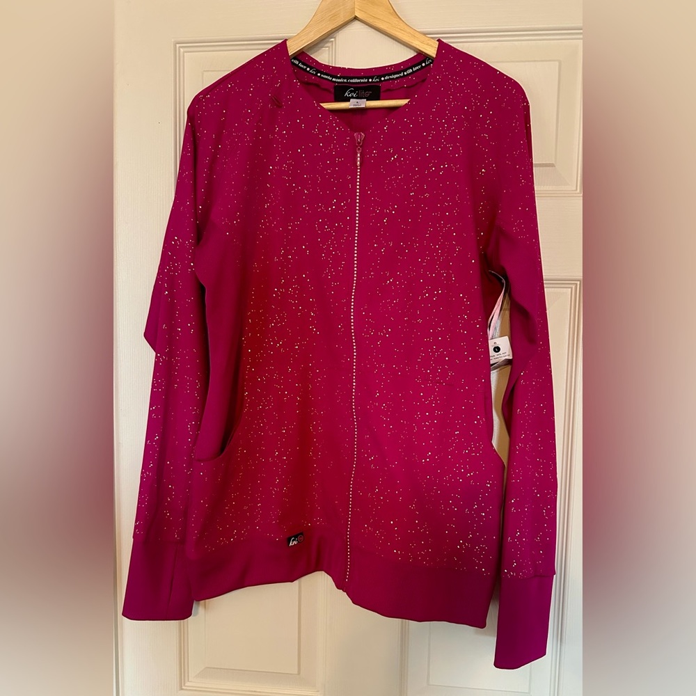 koi Clarity Azalea Pink Foil Sparkle Scrub Jacket NWT Size Large